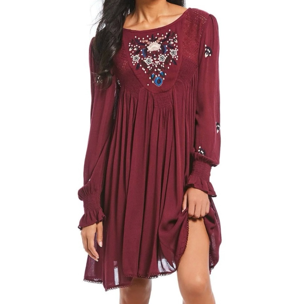 Free People Burgundy Embroidered Dress